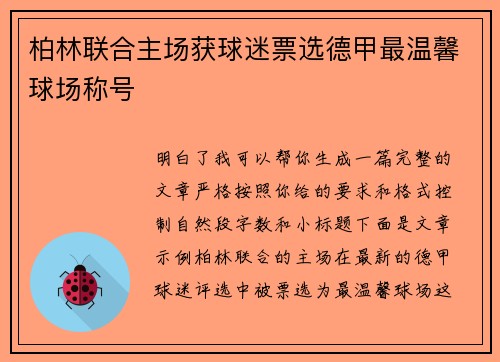 柏林联合主场获球迷票选德甲最温馨球场称号